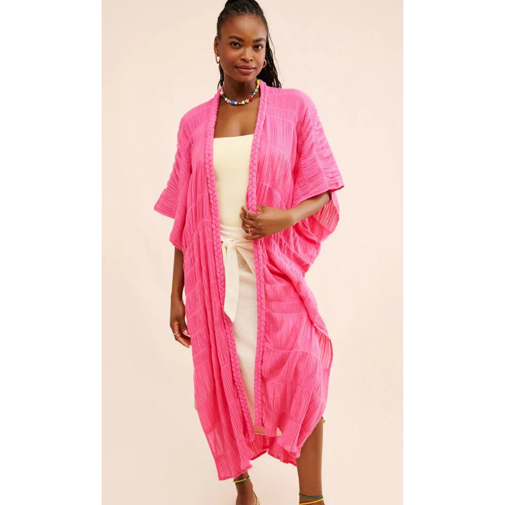Anthropologie Hot Pink Open-Front Textured Kimono Wrap